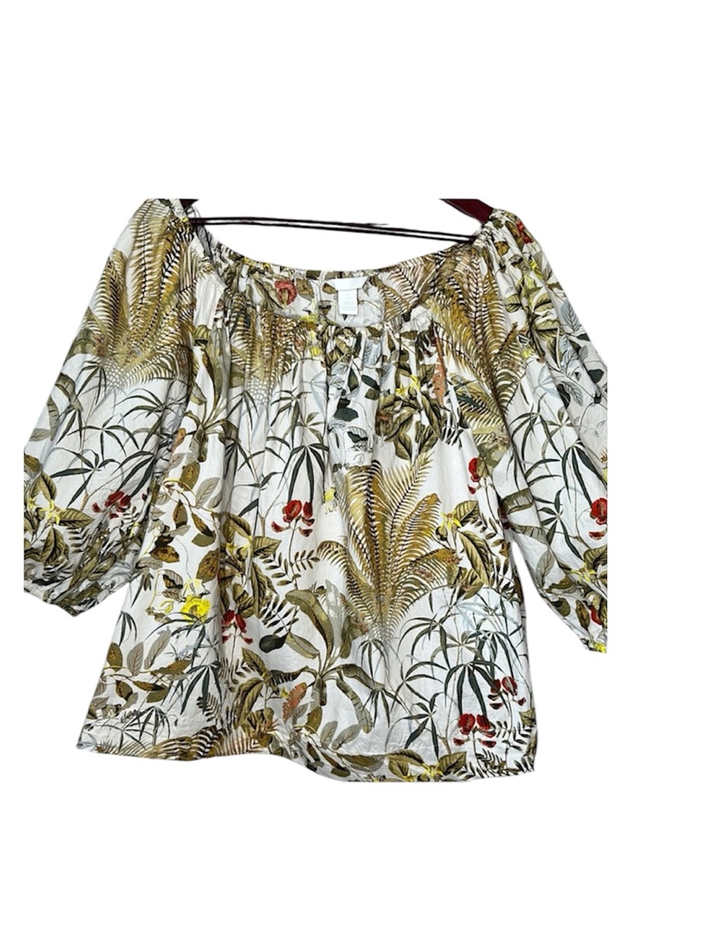 H&M White Off-Shoulder Tropical Print Blouse